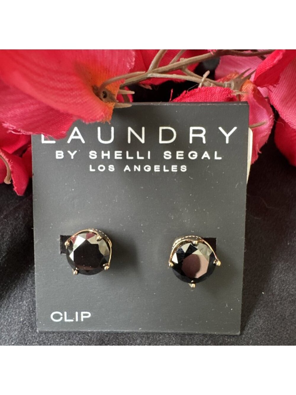 Laundry by Shelli Segal Small Studs Black Gold Round CLIP On Earrings NWT